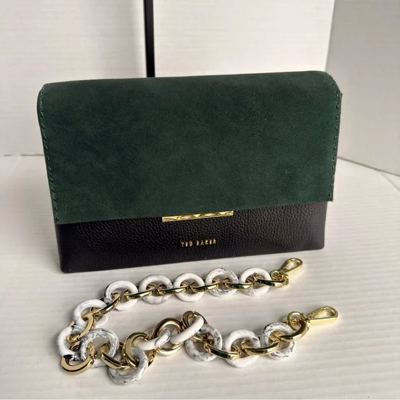 Ted Baker Jet Aalice Shoulder Bag Green Suede Flap Pebbled Leather Marble Chain